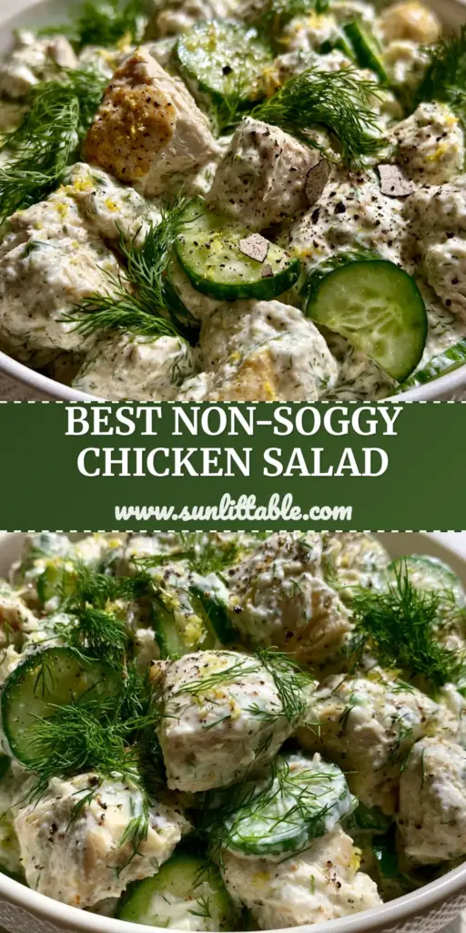 Cucumber Dill Chicken Salad with Creamy Greek Yogurt 3 A close-up handheld photo of a white ceramic bowl containing cucumber dill chicken salad with large shredded chicken chunks and fresh green dill.
