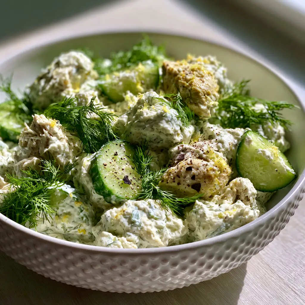 Cucumber Dill Chicken Salad with Creamy Greek Yogurt 2 Macro photo showing the velvety texture of Greek yogurt dressing on shredded chicken in a cucumber dill chicken salad.