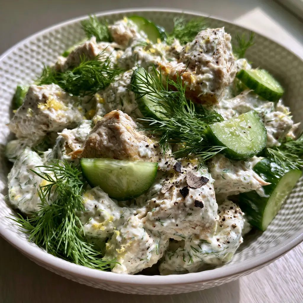 Cucumber Dill Chicken Salad with Creamy Greek Yogurt 1 A top-down view of the cucumber dill chicken salad highlighting vibrant cucumber half-moons and feathery dill.