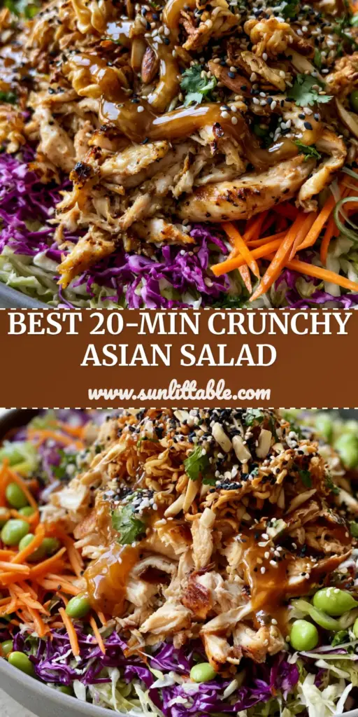 Crunchy Asian Chicken Salad with Sesame Ginger Dressing 3 A vibrant Crunchy Asian chicken salad in a grey bowl featuring seared chicken, purple cabbage, and toasted ramen noodles.