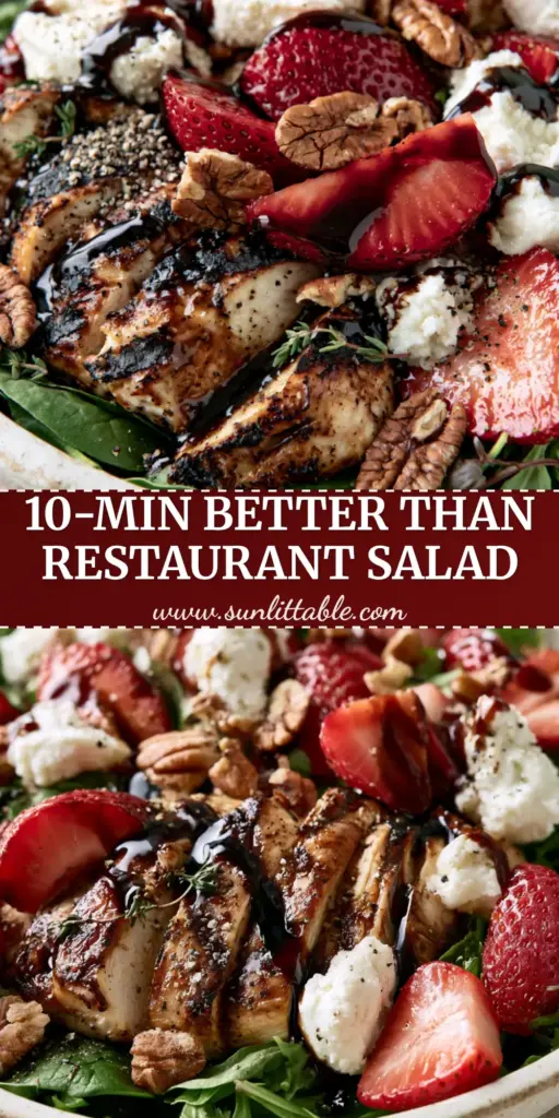 Strawberry Balsamic Chicken Salad with Goat Cheese and Toasted Pecans 4 A close-up of strawberry balsamic chicken salad in a rustic bowl with mahogany glaze drizzle and creamy goat cheese.