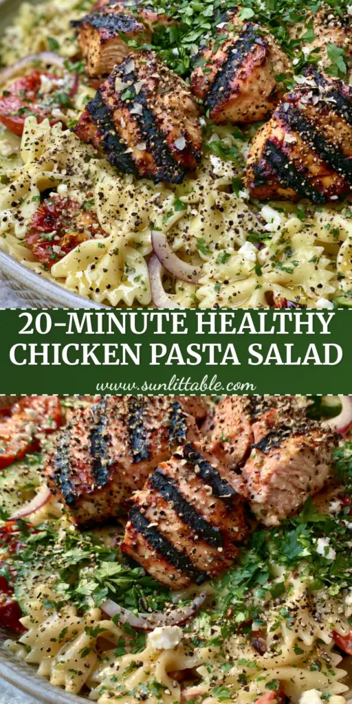 Grilled Chicken Bow Tie Pasta Salad with Zesty Lemon-Herb Vinaigrette 4 A close-up of Grilled Chicken Bow Tie Pasta Salad with diagonal char marks on chicken and blistered tomatoes in a ceramic bowl.