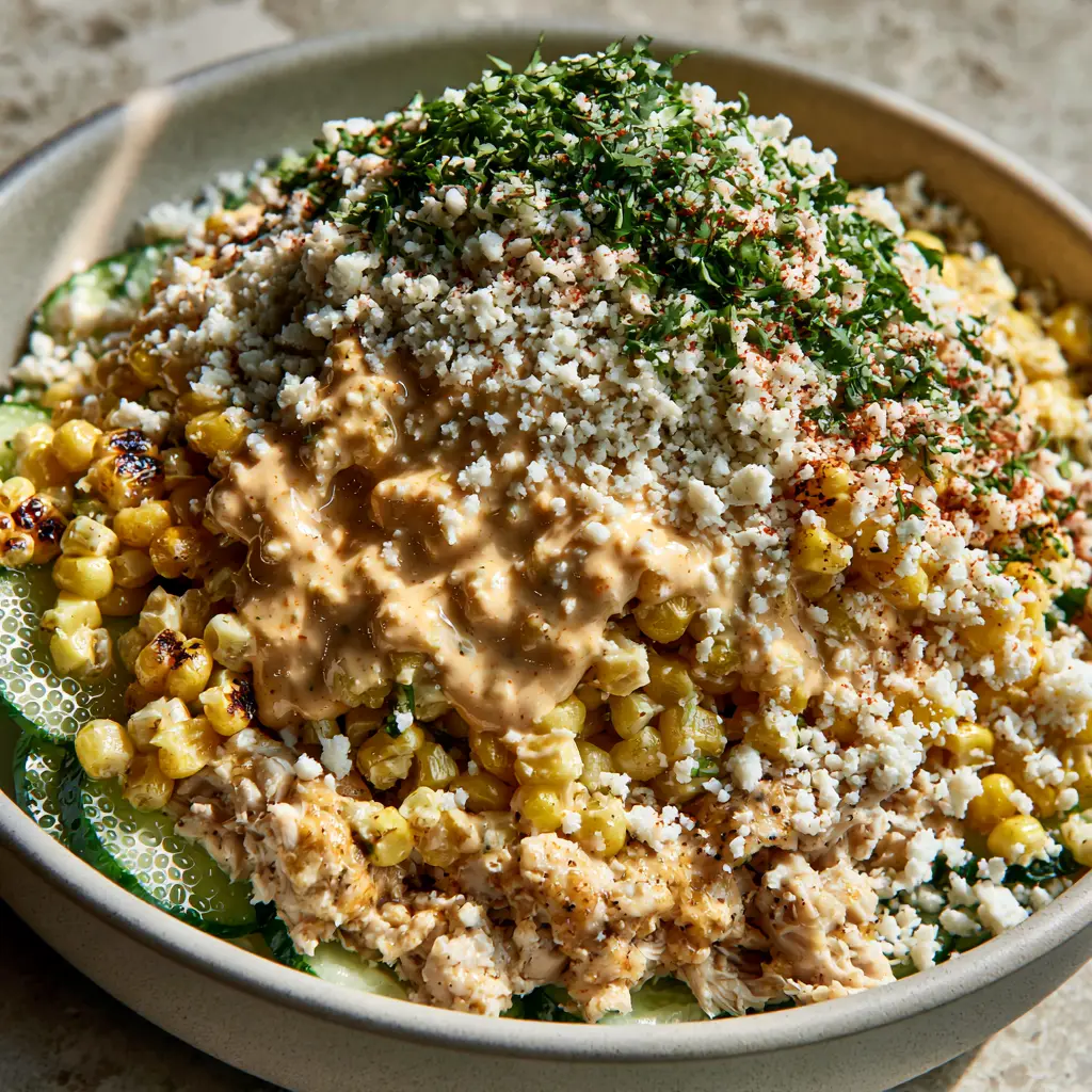 Street Corn Creamy Cucumber Chicken Salad with Chipotle Lime Crema 2 Close up of charred sweet corn and succulent shredded chicken on a street corn creamy cucumber chicken salad. (street corn creamy cucumber chicken salad)
