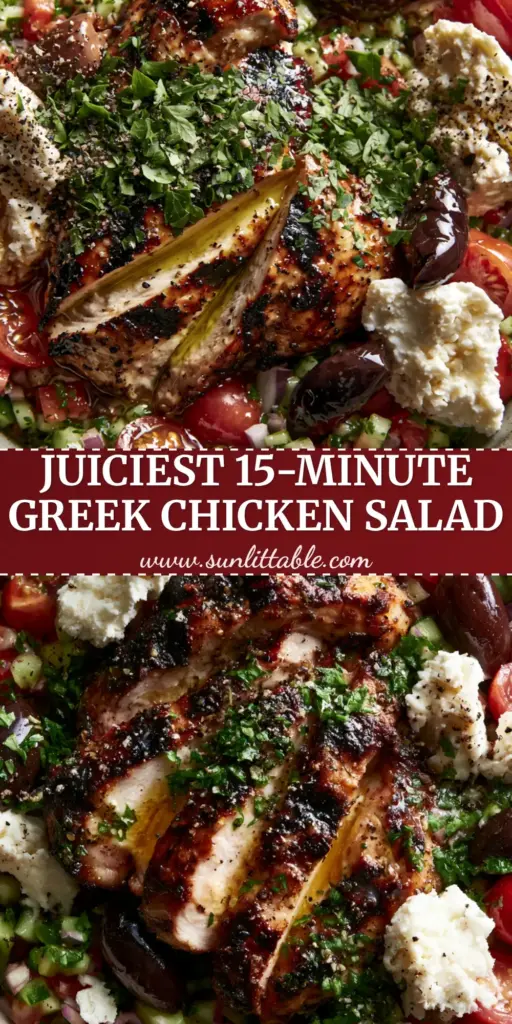 Mediterranean Grilled Chicken Salad with Lemon-Oregano Vinaigrette 4 A top-down view of a Mediterranean grilled chicken salad in a stoneware bowl with charred chicken slices, feta crumbles, and olives.