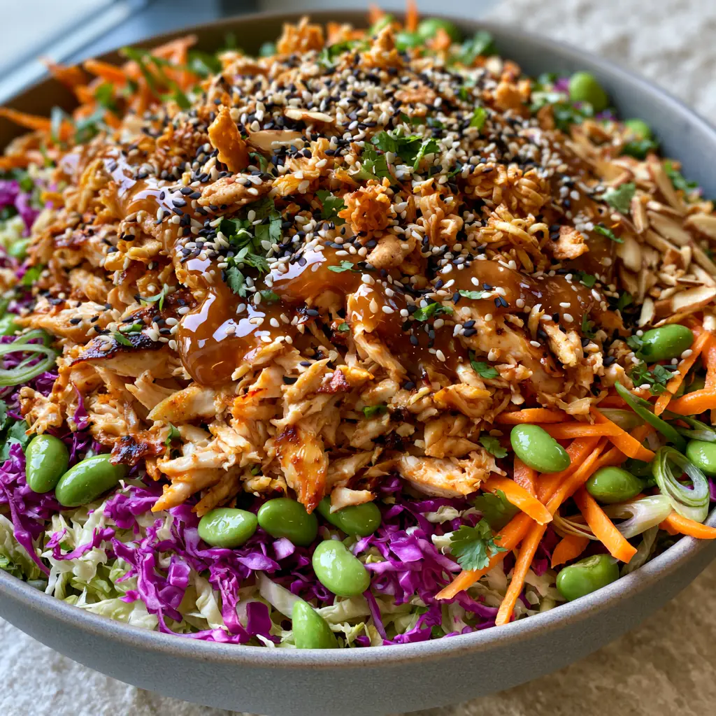 Crunchy Asian Chicken Salad with Sesame Ginger Dressing 2 Close-up of Crunchy Asian chicken salad showing seared chicken edges and toasted ramen clusters. (Crunchy Asian chicken salad)