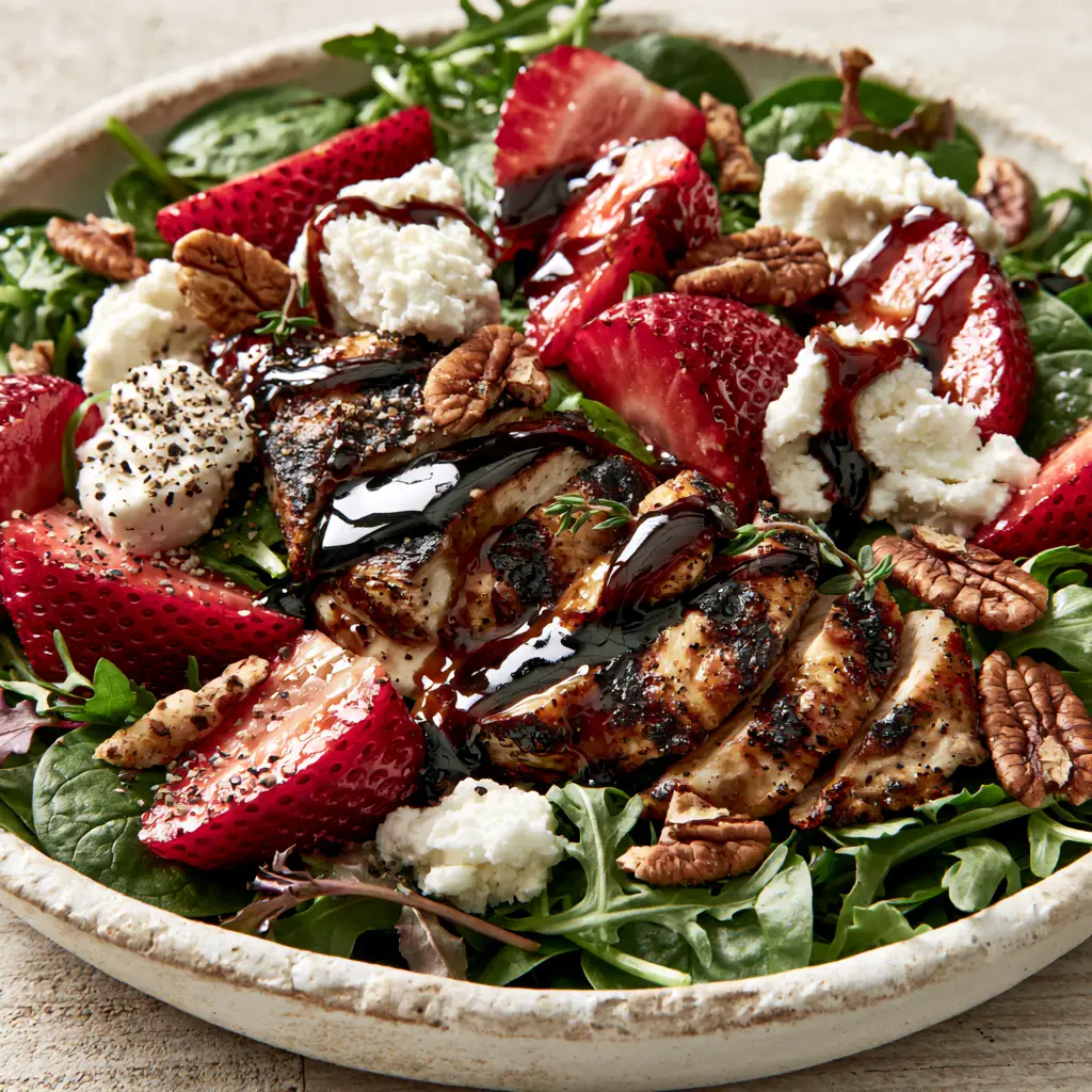 Strawberry Balsamic Chicken Salad with Goat Cheese and Toasted Pecans 2 Pan-seared chicken with deep char marks on a bed of arugula and spinach for strawberry balsamic chicken salad.