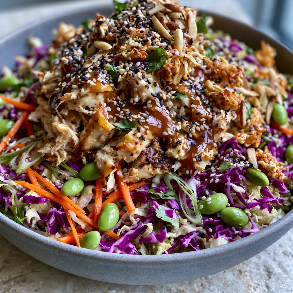 Crunchy Asian Chicken Salad with Sesame Ginger Dressing 1 High-angle smartphone photo of Crunchy Asian chicken salad with bright edamame and purple cabbage.