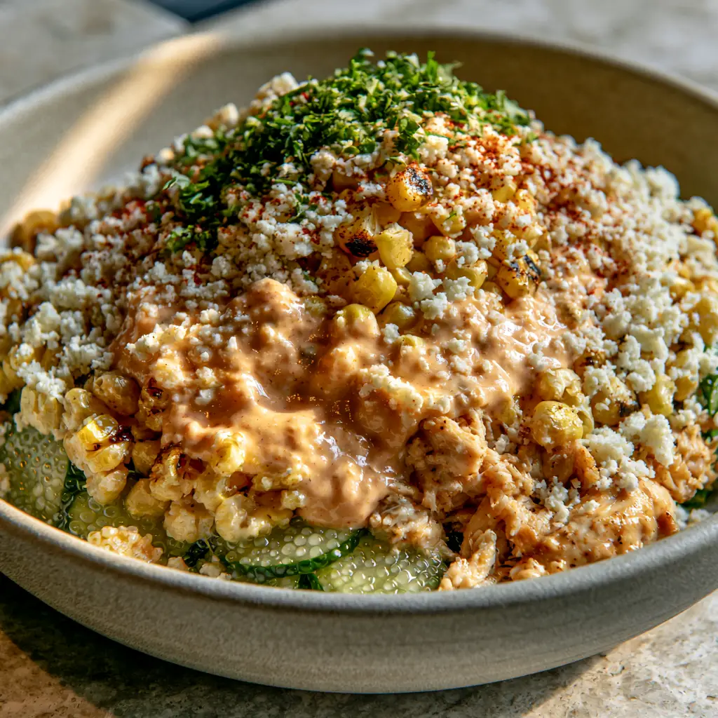 Street Corn Creamy Cucumber Chicken Salad with Chipotle Lime Crema 1 A wide shot of the street corn creamy cucumber chicken salad sitting on a light stone countertop in morning light.