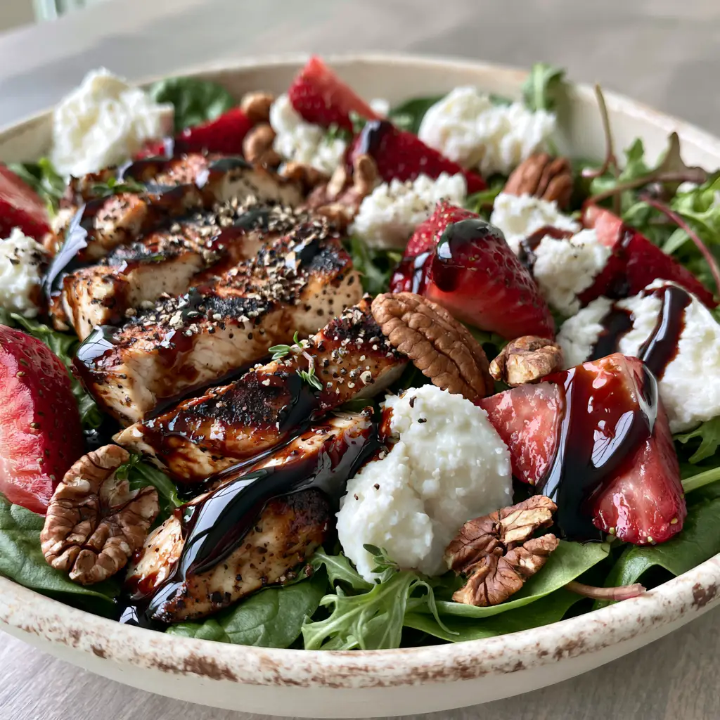 Strawberry Balsamic Chicken Salad with Goat Cheese and Toasted Pecans 1 Close up of creamy goat cheese crumbles and thick mahogany balsamic glaze on a strawberry balsamic chicken salad.