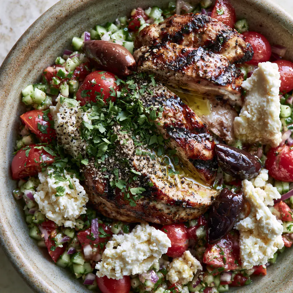 Mediterranean Grilled Chicken Salad with Lemon-Oregano Vinaigrette 1 Detailed view of rustic feta cheese crumbles and Kalamata olives scattered over a Mediterranean grilled chicken salad.