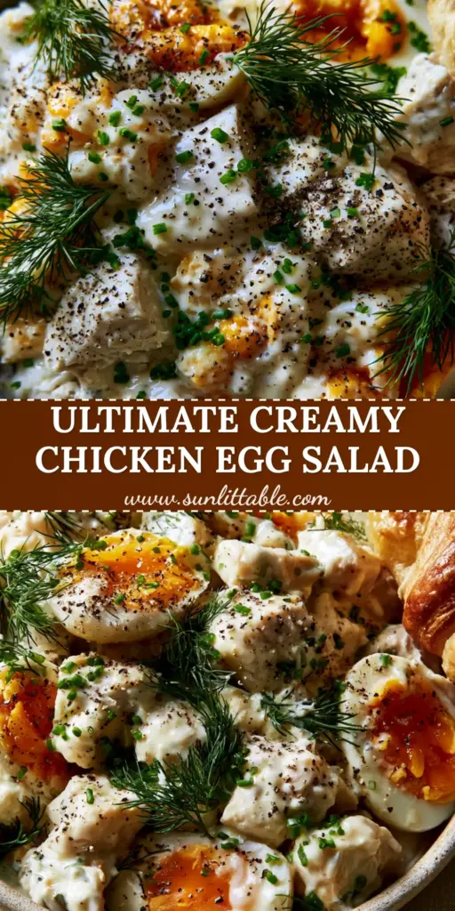Chicken and Egg Salad with Jammy Yolks and Creamy Dill Dressing 4 Top-down macro shot of a chicken and egg salad in a ceramic bowl with jammy eggs and dill, served with a buttery croissant.