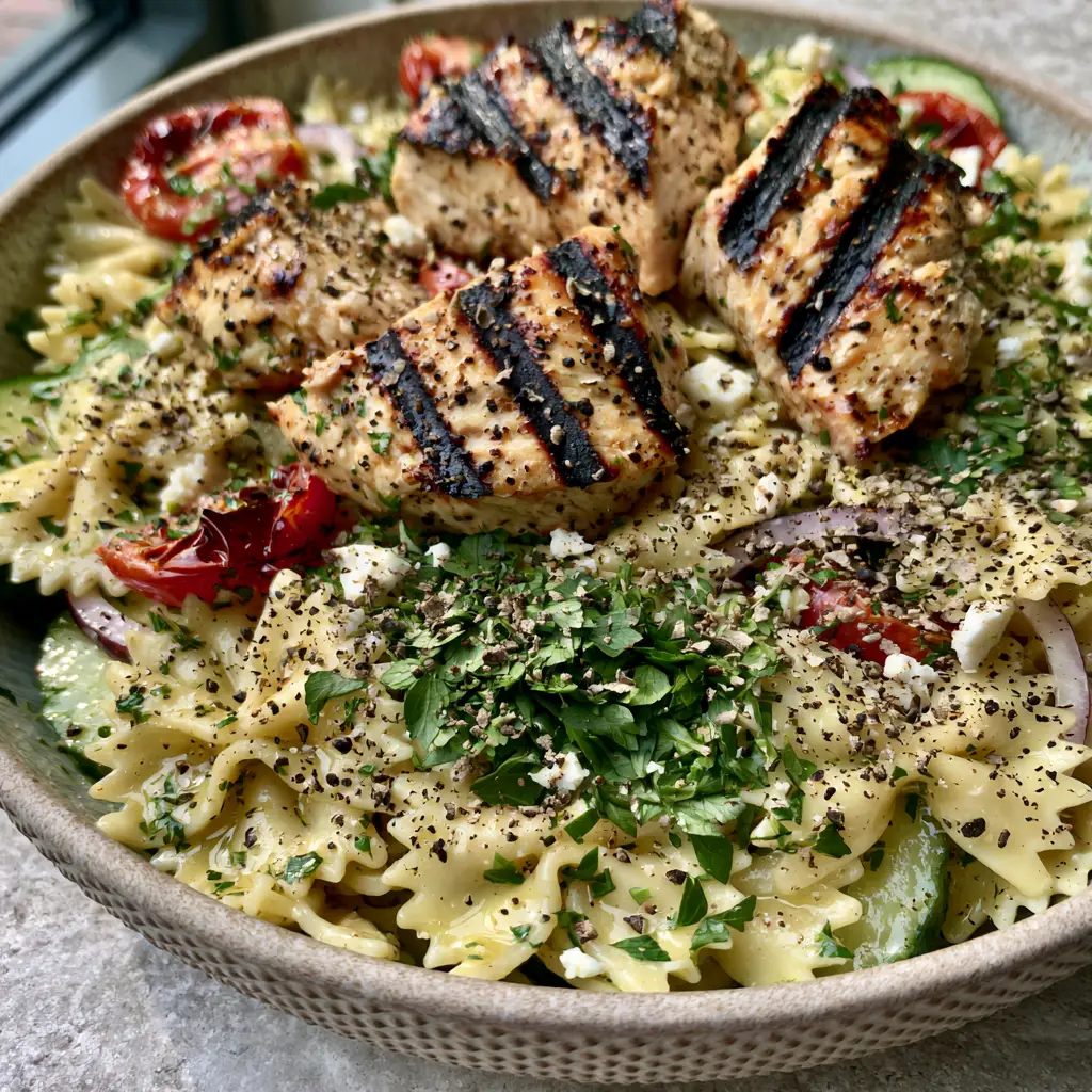 Grilled Chicken Bow Tie Pasta Salad with Zesty Lemon-Herb Vinaigrette 2 Juicy seared chicken breast chunks with dark char marks over farfalle pasta. (Grilled Chicken Bow Tie Pasta Salad)