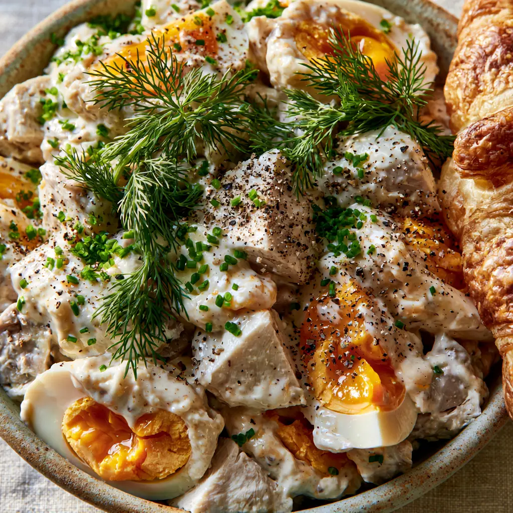 Chicken and Egg Salad with Jammy Yolks and Creamy Dill Dressing 2 Macro photography of glossy chicken and egg salad with vibrant orange jammy yolks and fresh green dill in a matte bowl.