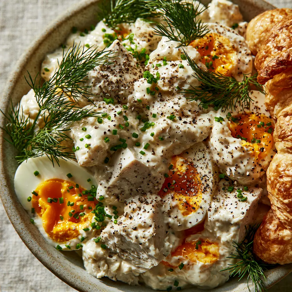 Chicken and Egg Salad with Jammy Yolks and Creamy Dill Dressing 1 High-angle view of a rustic ceramic bowl filled with chicken and egg salad garnished with chives and cracked black pepper.