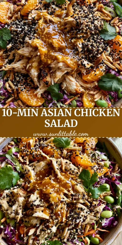 Asian Sesame Chicken Salad with Glossy Ginger Vinaigrette 3 Top-down view of a vibrant Asian sesame chicken salad in a rustic ceramic bowl with mandarin oranges and sesame seeds.