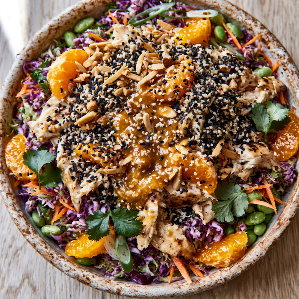 Asian Sesame Chicken Salad with Glossy Ginger Vinaigrette 2 A high-angle shot of Asian sesame chicken salad featuring shredded cabbage, edamame, and seared chicken.