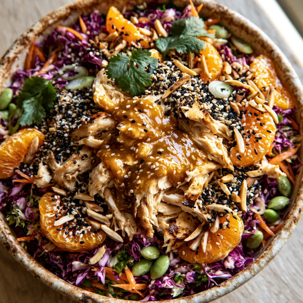 Asian Sesame Chicken Salad with Glossy Ginger Vinaigrette 1 Close up of glossy ginger dressing drizzled over an Asian sesame chicken salad.