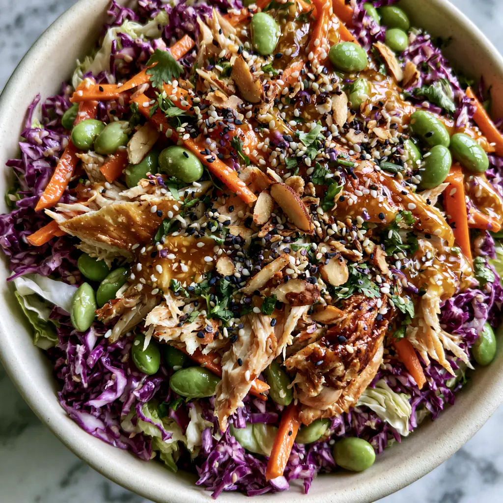 Asian Chicken Crunch Salad with Glossy Sesame Ginger Dressing 2 Macro view of shredded purple cabbage and roasted rotisserie chicken in an Asian chicken crunch salad.