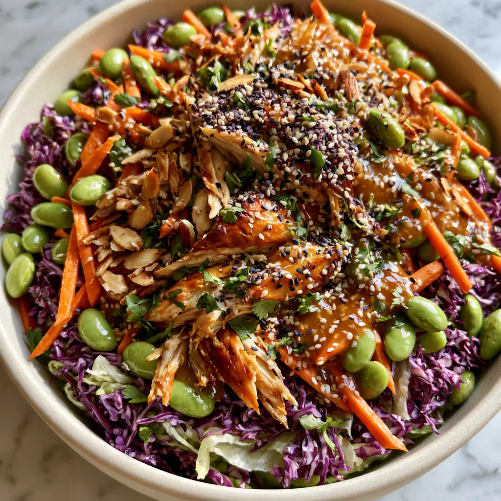 Asian Chicken Crunch Salad with Glossy Sesame Ginger Dressing 1 A minimalist kitchen scene featuring a bowl of Asian chicken crunch salad on a marble countertop.