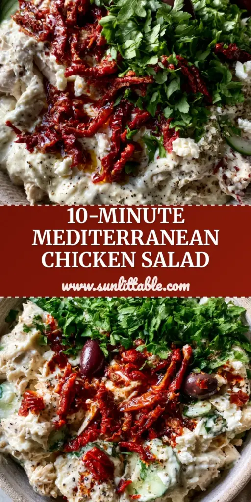 Sun-Dried Tomato Chicken Salad with Creamy Greek Yogurt Dressing 3 A top-down smartphone photo of a sun-dried tomato chicken salad in a textured stoneware bowl with feta and olives.