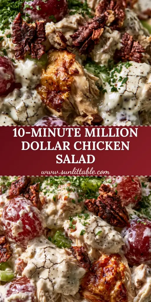 Million Dollar Chicken Salad Recipe: The Ultimate Creamy Gourmet Experience 4 A high-angle shot of a million dollar chicken salad recipe in a rustic bowl with visible grapes, pecans, and parsley.