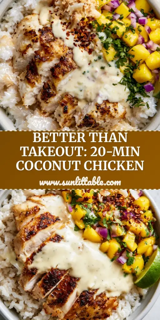 Coconut Chicken Rice Bowl with Tropical Mango Salsa and Creamy Coconut Sauce 4 An overhead shot of a premium ceramic coconut chicken rice bowl with golden seared chicken, mango salsa, and ivory sauce on a gray stone background.