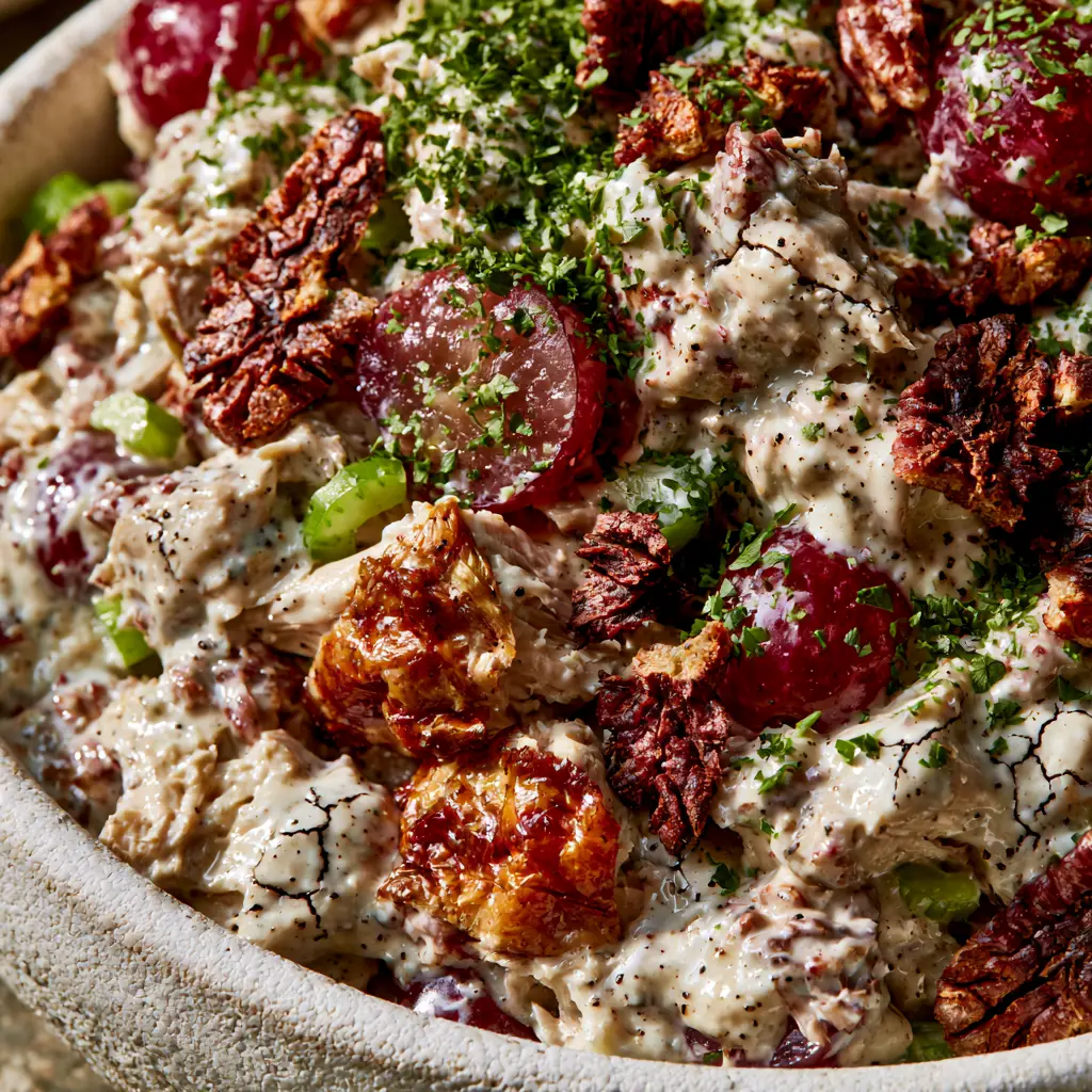 Million Dollar Chicken Salad Recipe: The Ultimate Creamy Gourmet Experience 2 Extreme close-up of million dollar chicken salad recipe showing glossy dressing, cracked black pepper, and ruby-red grapes.