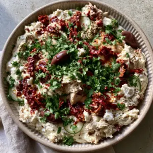 Close up of creamy ivory Greek yogurt dressing and hand-shredded chicken in a sun-dried tomato chicken salad.