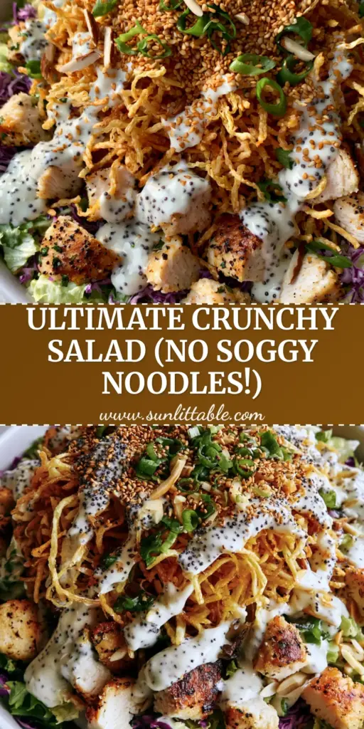 Chicken in the Straw Salad with Crispy Shoestrings and Poppyseed Dressing 4 A vibrant Chicken in the Straw Salad topped with a crown of golden shoestring potatoes and creamy poppyseed dressing in a white bowl.