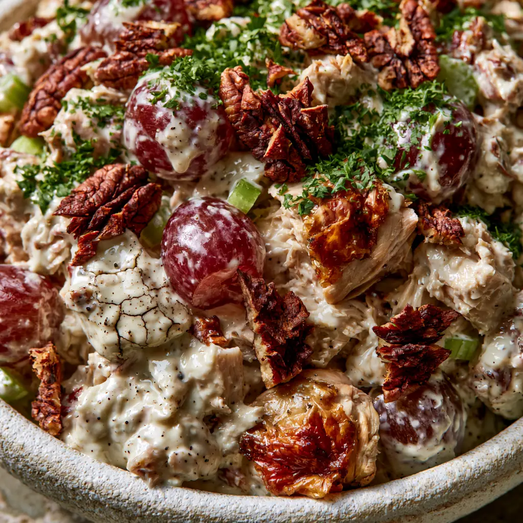 Million Dollar Chicken Salad Recipe: The Ultimate Creamy Gourmet Experience 1 Hand-shredded chicken with roasted skin mixed with toasted pecans and celery for the million dollar chicken salad recipe.
