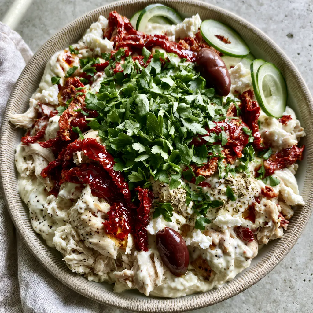 Sun-Dried Tomato Chicken Salad with Creamy Greek Yogurt Dressing 1 Authentic handheld photo of sun-dried tomato chicken salad with Persian cucumbers and bright green parsley.