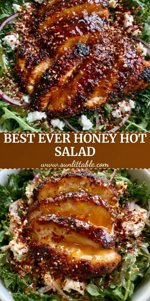 Honey Hot Chicken Salad with Glistening Chili Glaze and Goat Cheese 4 A top-down view of a vibrant honey hot chicken salad bowl with glazed chicken, goat cheese, and sesame seeds on a stone surface. (honey hot chicken salad)
