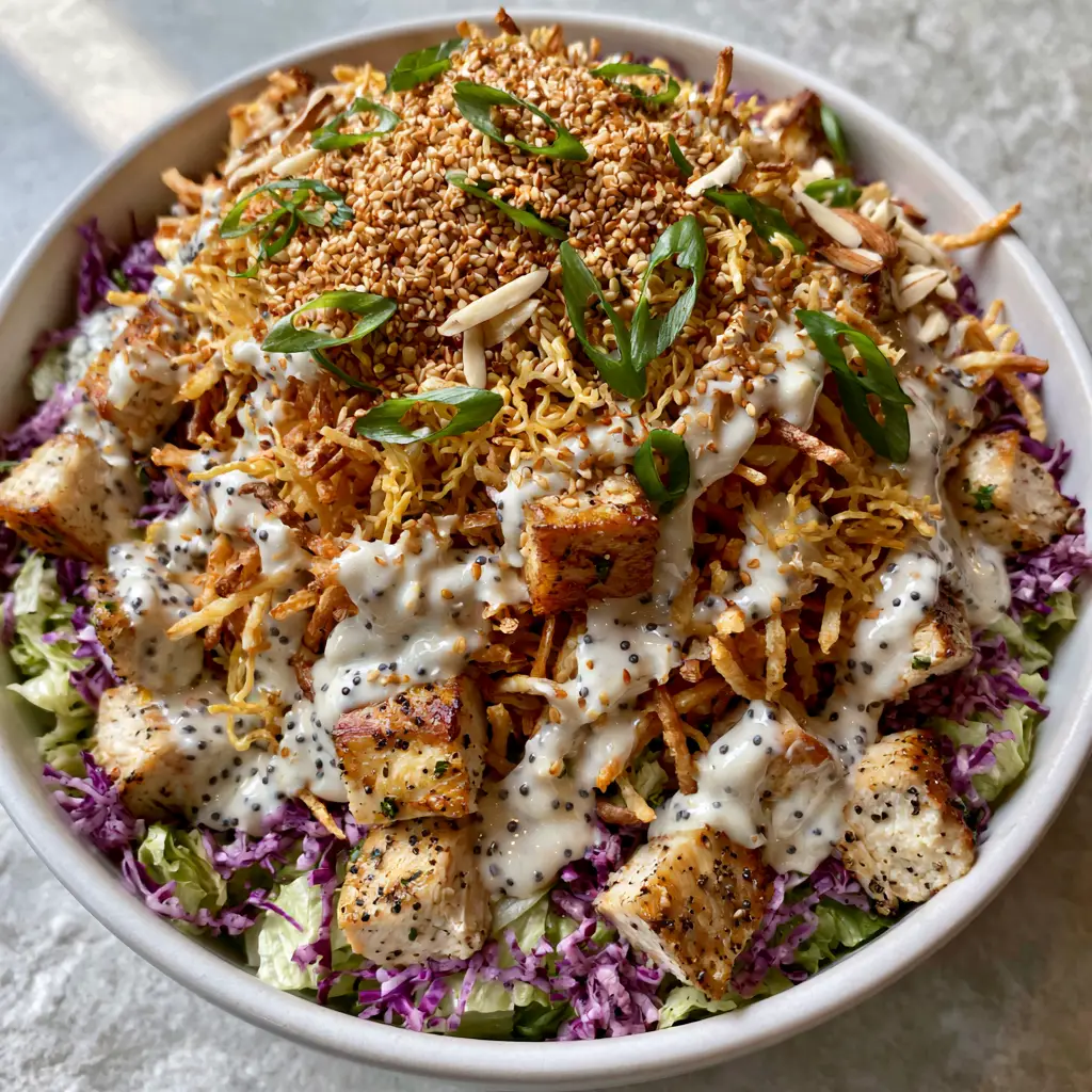 Chicken in the Straw Salad with Crispy Shoestrings and Poppyseed Dressing 2 Top-down view of Chicken in the Straw Salad featuring pan-seared chicken, purple cabbage, and ultra-thin fried potatoes.