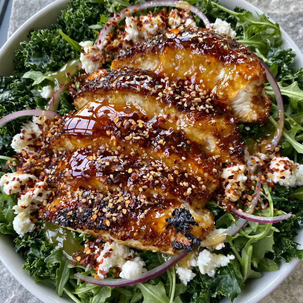 Honey Hot Chicken Salad with Glistening Chili Glaze and Goat Cheese 2 A large bowl of honey hot chicken salad showing thick slices of glazed chicken breast and fresh arugula. (honey hot chicken salad)