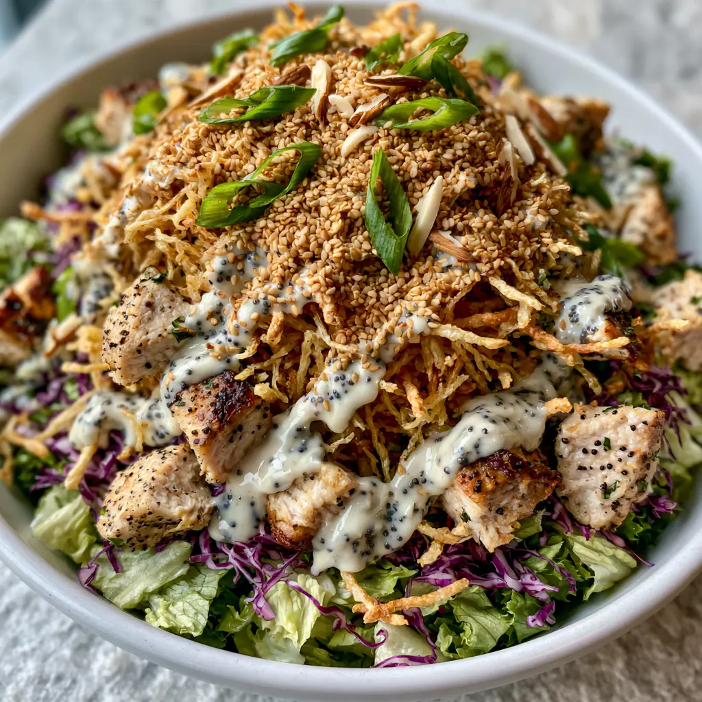 Chicken in the Straw Salad with Crispy Shoestrings and Poppyseed Dressing 1 Close up of juicy seared chicken and brittle chow mein noodles in a Chicken in the Straw Salad.