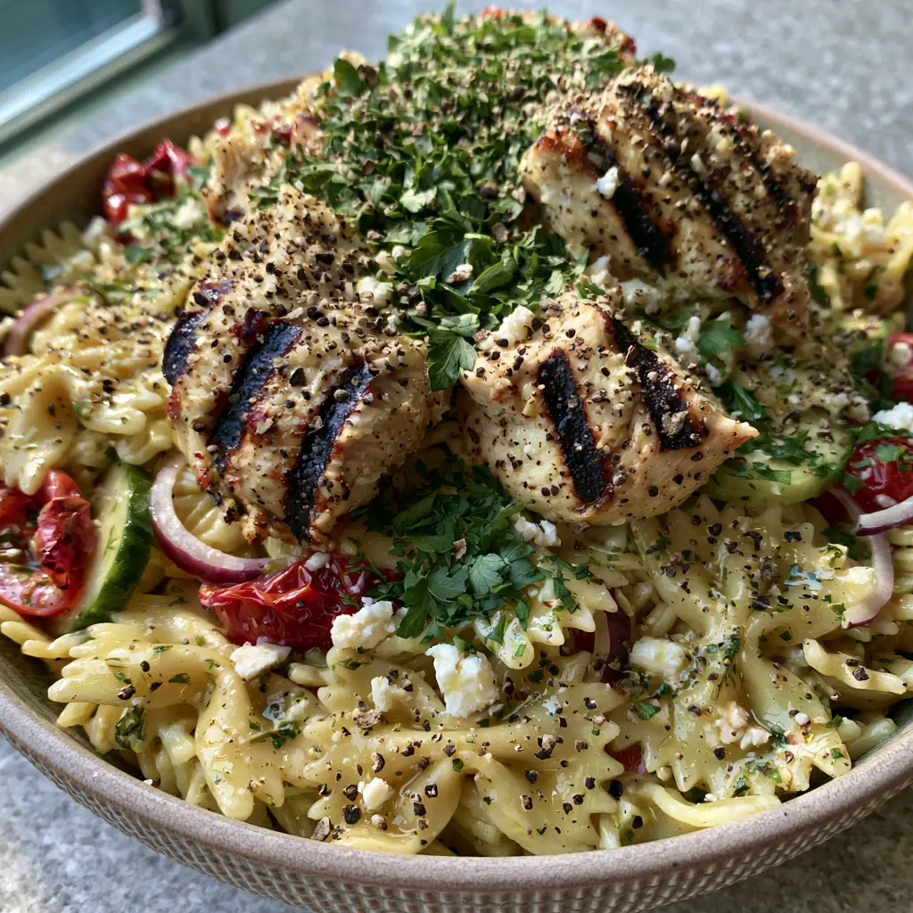 Grilled Chicken Bow Tie Pasta Salad with Zesty Lemon-Herb Vinaigrette 1 Vibrant bow tie pasta salad with sliced cucumbers, red onions, and crumbled feta. (Grilled Chicken Bow Tie Pasta Salad)