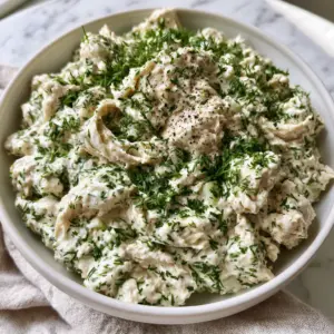 Close-up of premium hand-shredded Round Swamp Farm chicken salad with velvety white dressing and vivid green dill flecks.