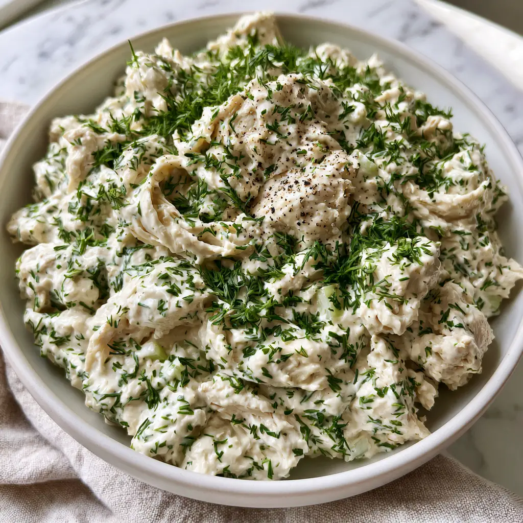 Round Swamp Farm Chicken Salad: The Ultimate Ultra-Creamy Dill Recipe 2 Close-up of premium hand-shredded Round Swamp Farm chicken salad with velvety white dressing and vivid green dill flecks.
