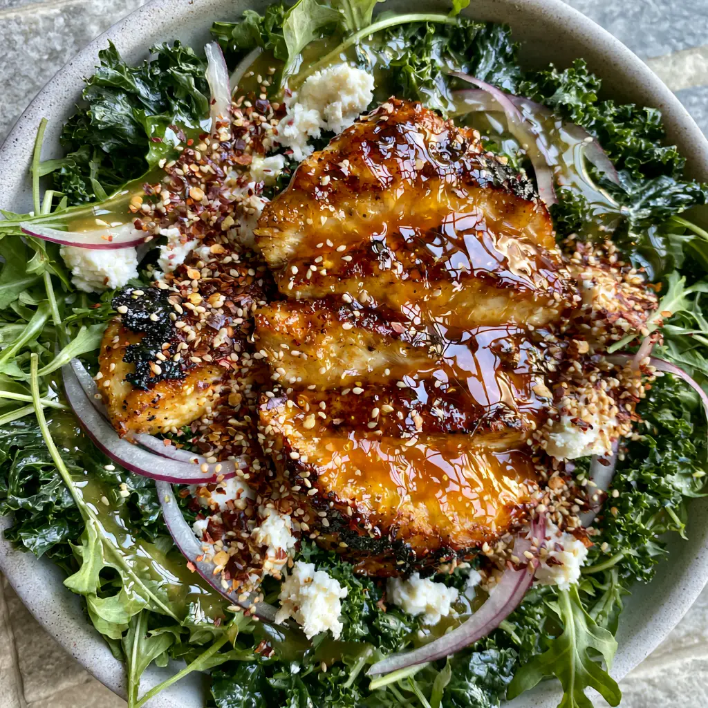 Honey Hot Chicken Salad with Glistening Chili Glaze and Goat Cheese 1 Close up of goat cheese and charred chicken edges in a honey hot chicken salad.