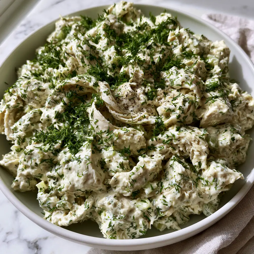 Round Swamp Farm Chicken Salad: The Ultimate Ultra-Creamy Dill Recipe 1 Overhead shot of Round Swamp Farm chicken salad served in a minimalist white porcelain bowl on a marble countertop.