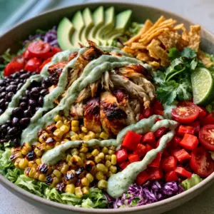 Overhead handheld smartphone photo of Tex-Mex Chicken Chopped Salad showing distinct mounds of ingredients and ribbons of green dressing.