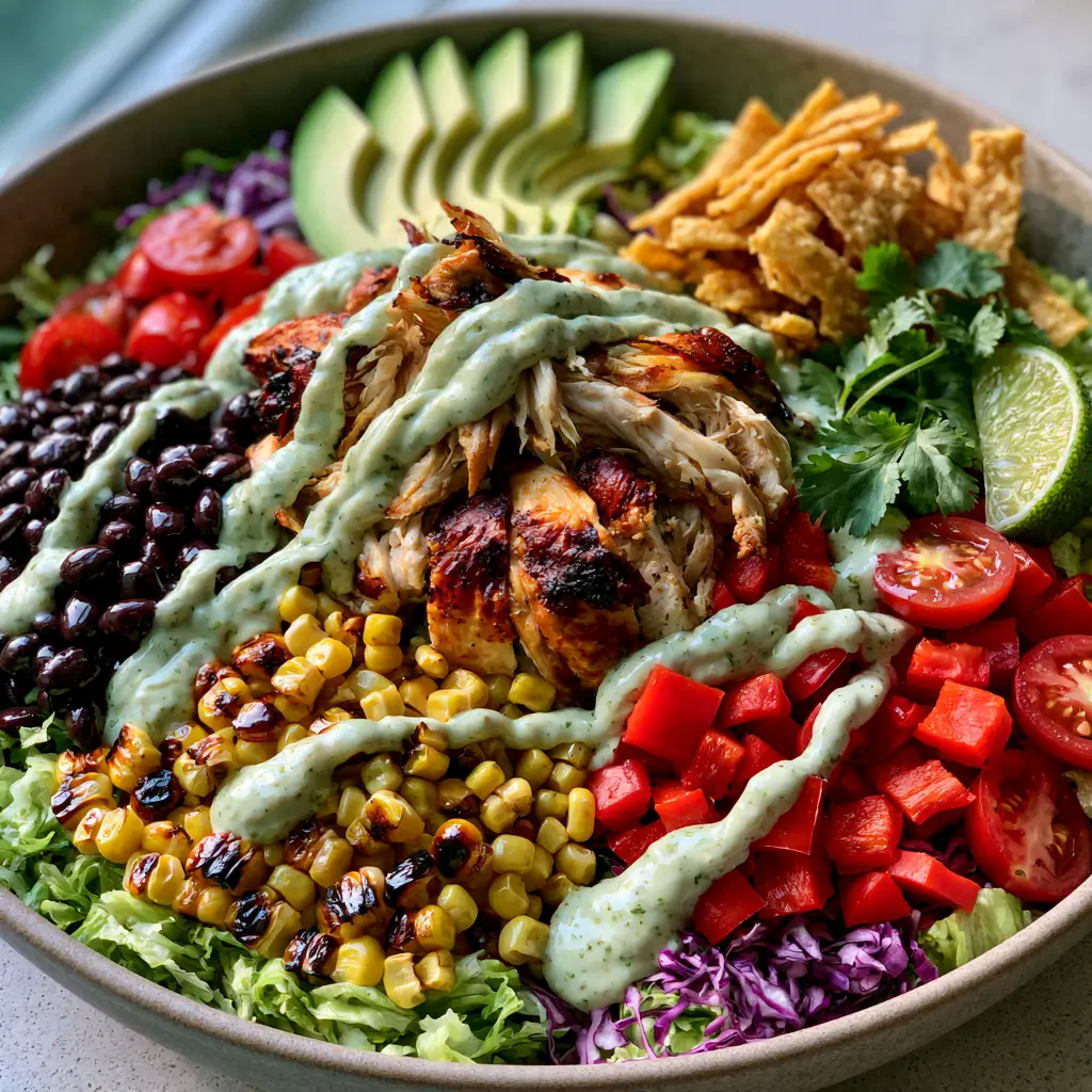 Tex-Mex Chicken Chopped Salad with Creamy Cilantro Lime Dressing 2 Overhead handheld smartphone photo of Tex-Mex Chicken Chopped Salad showing distinct mounds of ingredients and ribbons of green dressing.