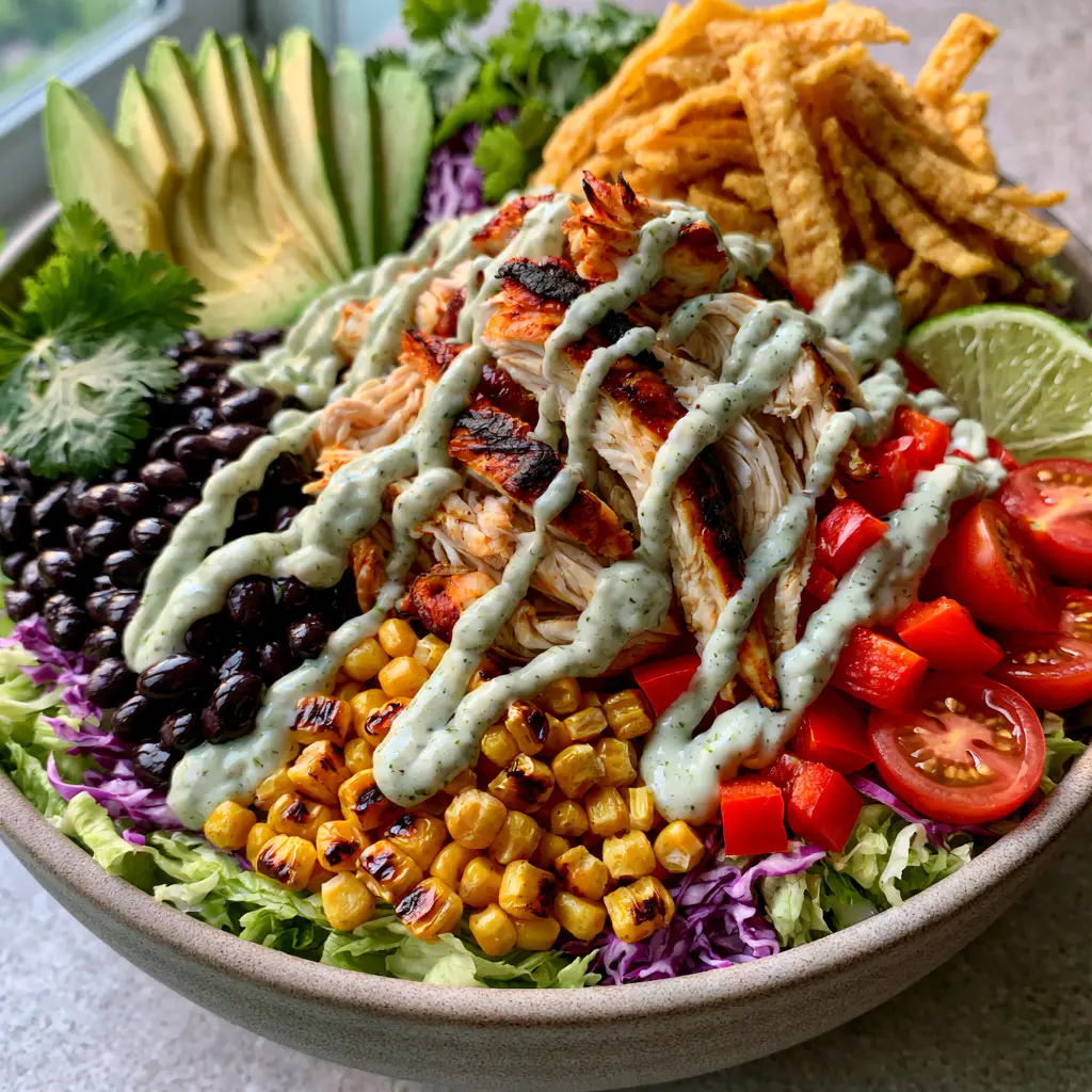 Tex-Mex Chicken Chopped Salad with Creamy Cilantro Lime Dressing 1 Close up of golden-brown seared rotisserie chicken and charred corn kernels in a Tex-Mex salad.
