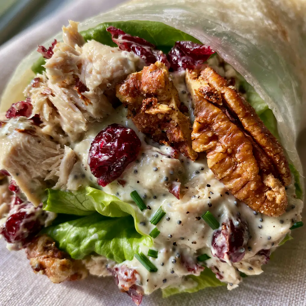 Chicken Cranberry Pecan Salad Wraps with Creamy Poppyseed Dressing 2 Extreme macro photo of the interior of Chicken Cranberry Pecan Salad Wraps highlighting the jagged pecans and poppyseed dressing. (Chicken Cranberry Pecan Salad Wraps)