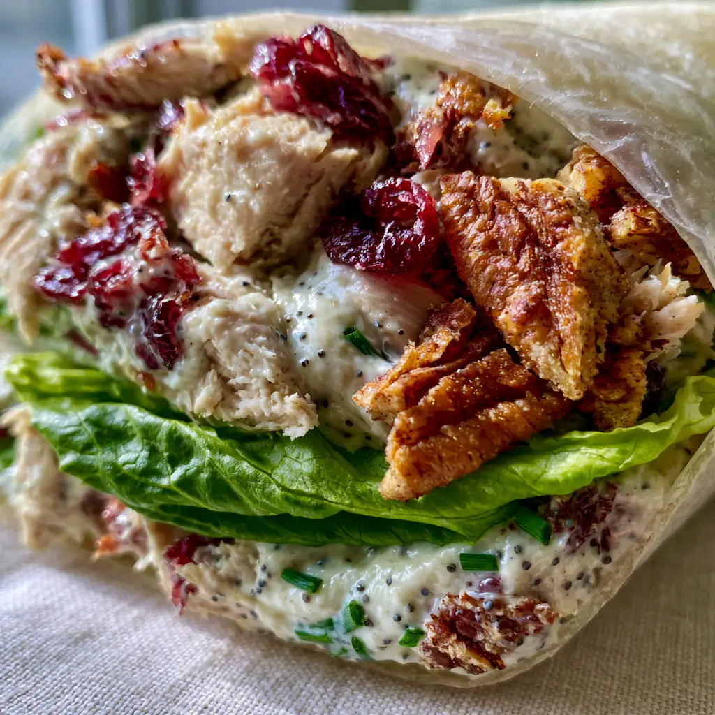 Chicken Cranberry Pecan Salad Wraps with Creamy Poppyseed Dressing 1 A cross-section of Chicken Cranberry Pecan Salad Wraps wrapped in a translucent flour tortilla with a butter lettuce barrier.