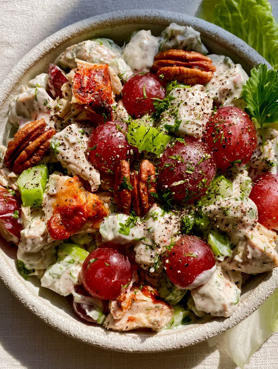 Overhead macro shot of rotisserie chicken salad with herb-flecked dressing and red grapes. (Chicken Salad Recipes)