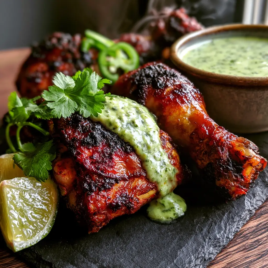 Macro shot of succulent Peruvian Chicken thighs with extra-crispy mahogany-brown skin and steam rising. (Peruvian Chicken)