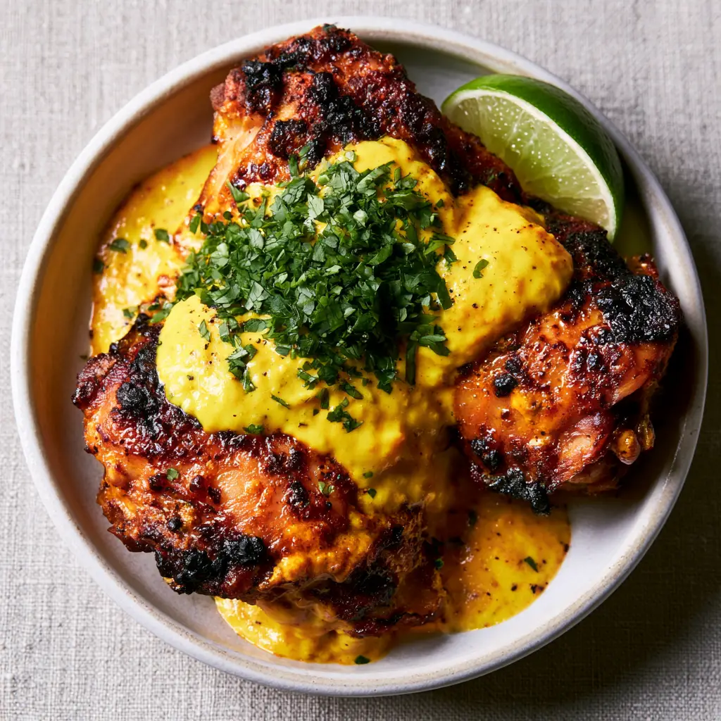Detailed view of the velvety bright yellow cream sauce with black pepper specks drizzled over chicken. (Peruvian Amarillo Chicken)