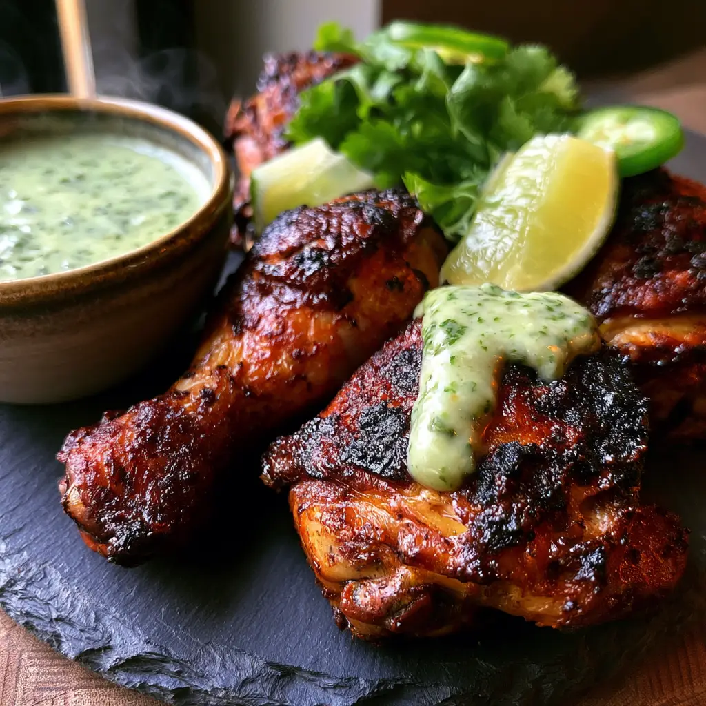 Peruvian Chicken with Crispy Mahogany Skin and Creamy Aji Verde Sauce 1 A ceramic bowl of thick, pale-green Aji Verde sauce with cilantro specks next to roasted chicken. (Peruvian Chicken)