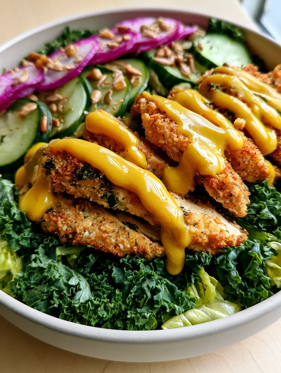 Ultra-close up of golden-brown air-fried chicken strips on a bed of emerald kale. (crispy chicken crunch salad)